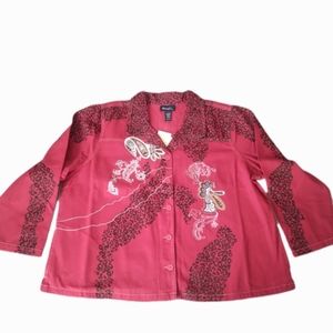 Denim&Co Size 3X Red Jean Jacket Embroidered Animal Print Button Jacket